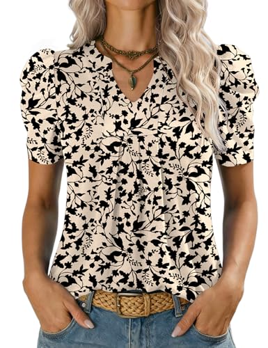 Kistore Damen Elegant Bluse Kurzarm Tunika Sommer Top V-Ausschnitt Lässig Locker Tuniken Oberteil 2026 (Apricot Schwarz L)