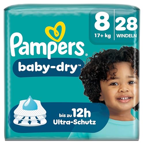 Pampers Baby-Dry Größe 8, 28 Windeln, 17kg+, Bis zu 100% Auslaufschutz & Komfort die ganze Nacht