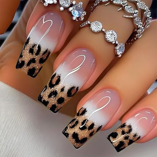 BelleFlair 24 Stk Press on Nails mit Design, Künstliche Nägel Leopard, Gold Glitter Fingernägel, Nude Gradient Medium Square Press on Nails French zum Aufkleben für Frauen