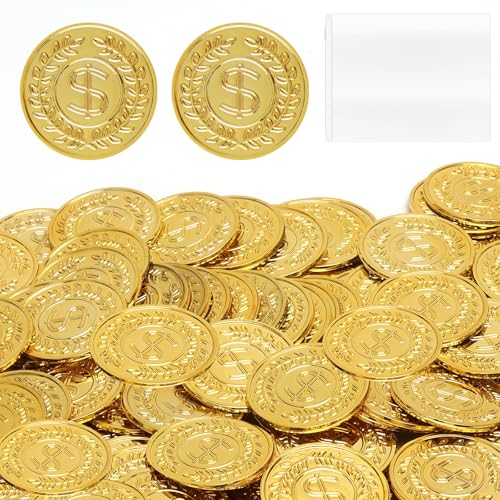 TNSLAND 100 Stück Goldmünzen Spielzeug mit Aufbewahrungsbeutel – Piratenmünzen, Goldtaler Piratenschatz Spielmünzen für Schatzsuche, Piratenparty, Kindergeburtstag, Seeräuber und Spielgeld Kinder