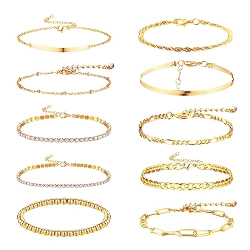 Dochais 10 Stück Gold Armband Set, Verstellbare Armbänder für Damen Mädchen, Boho Armreifen Modeschmuck, Büroklammer Ketten Zirkoniumdioxid Bracelets (10 Pcs)