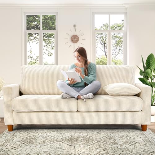 Kidirect Cord Sofa 3 Sitzer, 178CM Bequemes Couch 53CM Extra Tiefe Sitze, Sofa Wohnzimmer Werkzeugfreie Montage, Big Sofa Couch mit 2 Kissen, Modernes Couch fürs Büro, Schlafzimmer Sofas Beige
