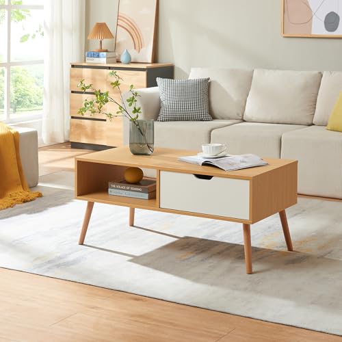 [en.casa] Couchtisch Bordkak Wohnzimmertisch mit Schublade Tischplatte rechteckig Beistelltisch 100 x 48 x 45 cm Sofatisch Holzbeine Eicheoptik/Weiß