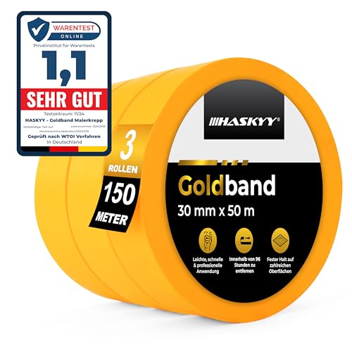HASKYY Goldband Malerkrepp Kreppband 3x Malerband 30mm x 50m Profi Abdeckband Malertape Klebeband Washi Tape Gold Papiertape Selbstklebend