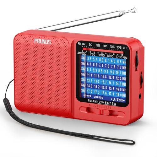 PRUNUS J-711 FM/AM/SW Weltempfänger Radio mit Akku, Radio Batteriebetrieben AA-Batterien & USB-C-Laden, Transistorradio mit Exzellentem Empfang, Taschenradio mit Lanyard zum Joggen, Reisen [Rot]
