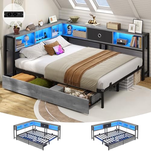 DICTAC Jugendbett 140x200 mit LED-Beleuchtung und Ladestation, Schlafsofa 140 x 200 mit stauraum-6 Staufächern und 2 Schubladen, Tagesbett mit Lattenrost aus Metall, Eichenasche