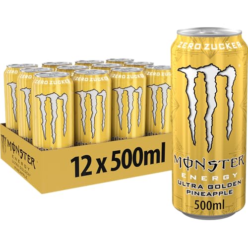 Monster Energy® Ultra Golden Pineapple - koffeinhaltiger Energy-Drink mit fruchtig-leichtem Ananas-Geschmack - full Flavour, zero Zucker, zero Kalorien - in praktischen Einweg Dosen (12 x 500 ml)