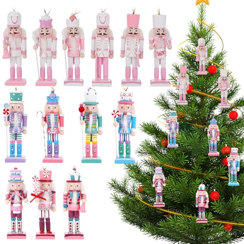 VorFor 13 Stück Set Macaron Pink Weiß Nussknacker Figur,12CM Nussknacker Baumschmuck,Massivholz Finishwork Weihnachten Märchenstücke,Nußknacker Figur Weihnachtsbaum,Kamin Weihnachtsdekorationen.