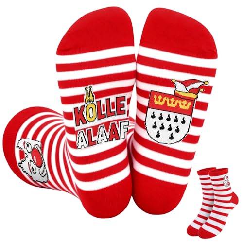 DPKOW Kölle Alaaf Socken Herren Damen Karneval Kostüm Accessoires, Rot-weiß Gestreifte Köln Baumwollsocken Bedruckte Socken Herren 36-45, Karneval Geschenke Kölle Alaaf Köln Kostüm Accessoires