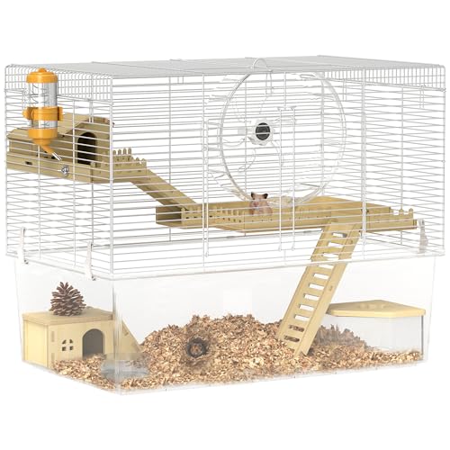 PawHut Hamsterkäfig mit 3 Ebenen, Nagetierkäfig mit Laufrad, Tiefe transparente Platte, Hütten, Rampen, Wasserflasche, Futternapf, Sandkasten, 59 x 35,5 x 47 cm, Weiß