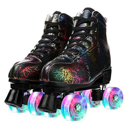 Unisex Roller Skates Double Raw Four Wheels Classic High-top PU Leather Lighting Roller Skates Shoes for Beginner Womens Mens Boys Girls Indoor and Outdoor (Lightning Black Flash Wheel,40)