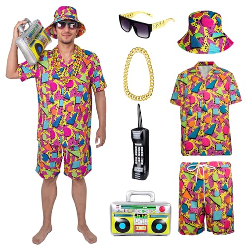 YQVGFBY 80er 90er Jahre Outfit Herren Retro Shirts und Shorts Set, Hip-Hop Strand T-Shirts und Shorts, Jogginganzüge, Badass-Kostüme, Faschingskostüme, Karnevalskostüme (Rot, 3XL)