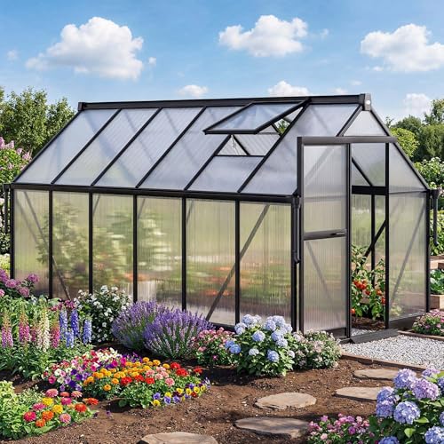 di volio Aluminium Gewächshaus - stabiles Gartenhaus mit Doppelstegplatten, wetterfestes Treibhaus aus Hohlkammerplatten mit regulierbarer Belüftung (361x183x190cm)