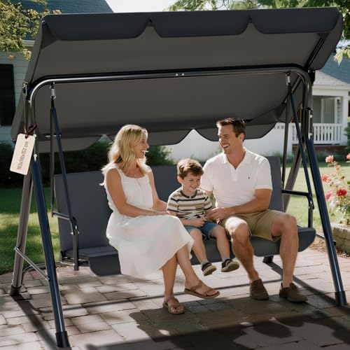 Soontrans Hollywoodschaukel 3-Sitzer für Entspannte Nachmittag im Garten, Gartenschaukel mit Polsterauflage & Verstellbarem Sonnendach, aus Stahlgestell & Textilene-Gewebe (193x110x152 cm, Anthrazit)