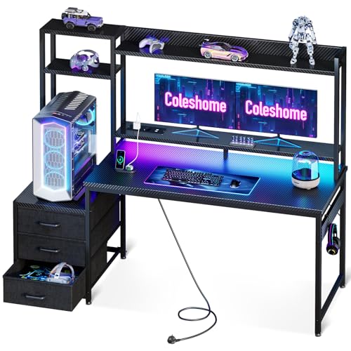 Coleshome Gaming Tisch mit Regal und Schubladen,137×48cm Gaming Schreibtisch mit LED-Beleuchtung & Steckdose, Computertisch mit Ablageflächen & Monitorständer, Carbon Fiber Schwarz