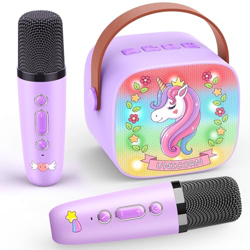 Dislocati Karaoke Maschine mit 2 Bluetooth Mikrofonen für Kinder, Einhorn Geschenk Spielzeug für Mädchen 3-12 Jahre, Tragbarer Lautsprecher mit DSP & LED-Lichtern, Ideal für Familienfeiern & Partys