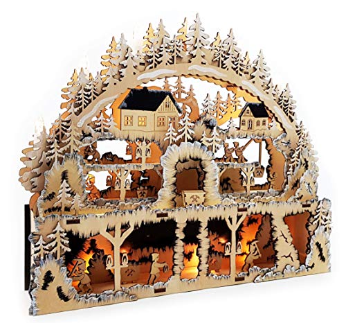 Wichtelstube-Kollektion XL Holzkunst LED Schwibbogen Bergwerk Lichterbogen Schwippbogen Weihnachtsdeko Fenster Holz, Batteriebetrieben inkl. Timer, 49cm Breite