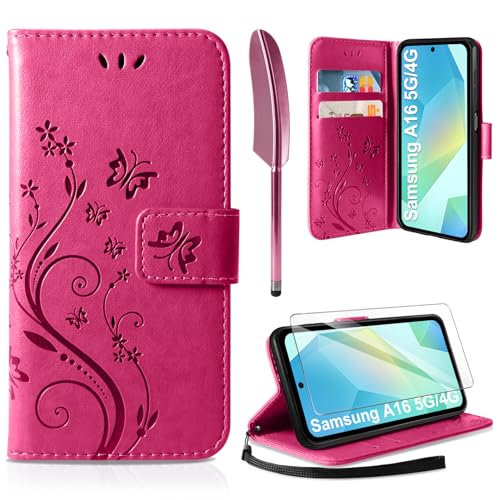 AROYI Lederhülle Kompatibel mit Samsung Galaxy A16 5G/4G Hülle und Schutzfolie, Flip Wallet Handyhülle PU Leder Case Kartensteckplätzen Schutzhülle Kompatibel mit Samsung Galaxy A16 5G Rosenrot