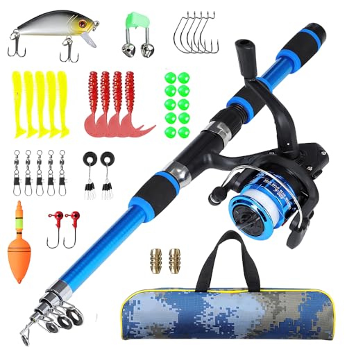NAVESO Angelset für Kinder,1.8m Teleskop Angelrute Set Kinder mit Angelrolle,Kinderangel Starter Set mit Angelrolle Köder und Angel Zubehör Set,Kohlefaser Angelruten und Rolle für Jungen und Mädchen