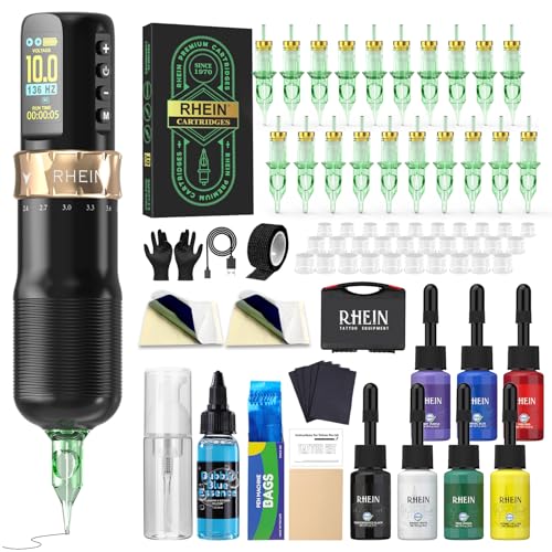 RHEIN Wireless Maschine Set mit 1800mAh Akku Power Einstellbarer Hub Tragetasche 20PCS Cartridges 7 Farbe Kabellos Stift Machine Komplettes Zubehör Set RN-TKE602AEU-1