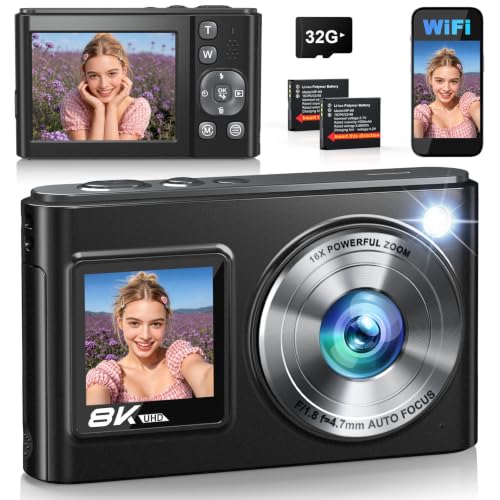 2026 Neueste Digitalkamera 8K 96MP Vlogging Kamera mit WLAN, Dual-Display Autofokus Bildstabilisator Kompaktkamera für Einsteiger, Digitale Kamera mit 32GB SD Karte und 2 Akkus