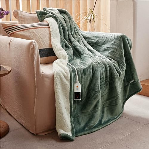 GOTCOZY Heizdecke 130x180 cm - Weicher seidiger Plüsch Wärmedecke Heizdecke 6 Heizstufen und 10 Stunden Auto-Off-Timer Überhitzungsschutz Kuscheldecke für Bett&Büro Waschbar(Grün)