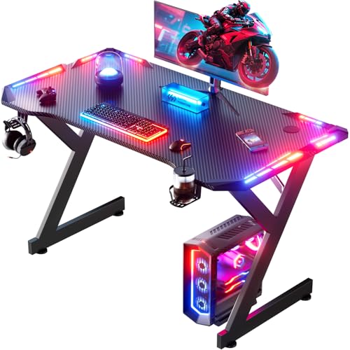 HLONONE Gaming Tisch mit LED, Gaming Schreibtisch 100 x 60 cm, Stabiler Computertisch mit Kohlefaserbeschichtung, Gamer Tisch mit Getränkehalter und Kopfhörerhaken, Schwarz