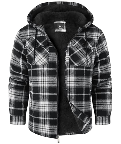 SwissWell Herren Hemdjacke Verdicken Karierts mit Reißverschluss Flanelljacke Plüschfutter Freizeit Gefüttert Kapuzenpullover Männer Winter Hemd Fleece Hoodie Winterjacke mit Taschen(Schwarz XL)