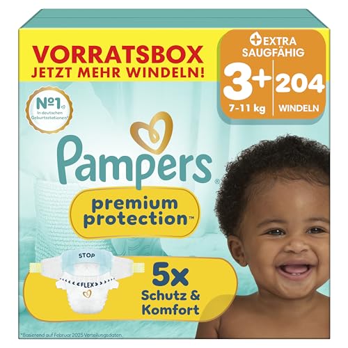 Pampers Premium Protection Größe 3+, 204 Windeln, 7kg-11kg, unser Nr. 1 Haut- und Auslaufschutz