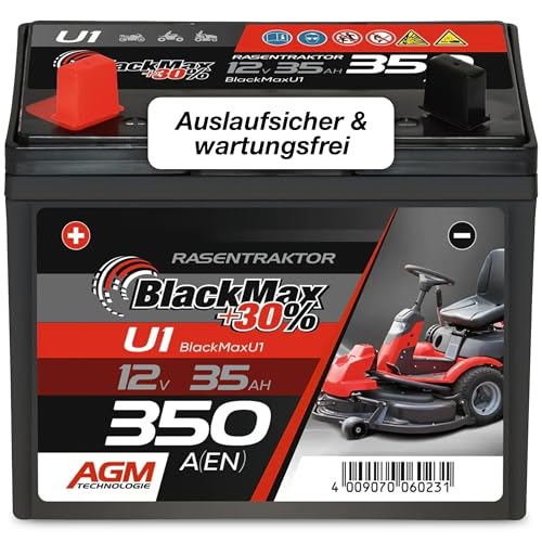 BlackMax Rasentraktor Batterie 12V 35Ah 350A (Pluspol Links) - U1-9 +30% AGM Starterbatterie (12 Volt) für Aufsitzmäher und Rasenmäher-Traktoren, wartungsfrei & wiederaufladbar statt 30Ah 32Ah