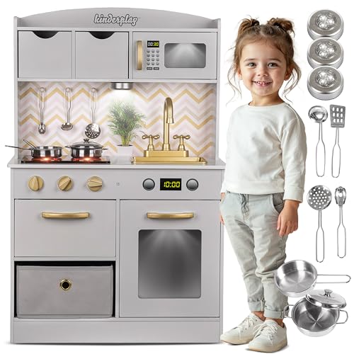 Kinderplay Holz-Spielküche mit LED & Kochgeräusch – Höhenverstellbare Kinderküche 92–107 cm – Rollenspielküche ab 3 Jahren – Komplettset mit Zubehör, hellgrau