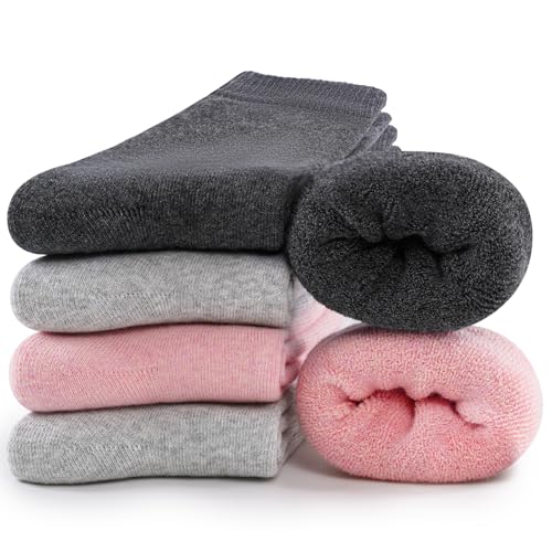 inaWarm Thermosocken Damen Winter, Frottee Baumwollsocken, Dicke Warme Crew Socken für Zuhause & Outdoor, 6 Paar, 35-38 39-42, Einfarbig & Gestreift