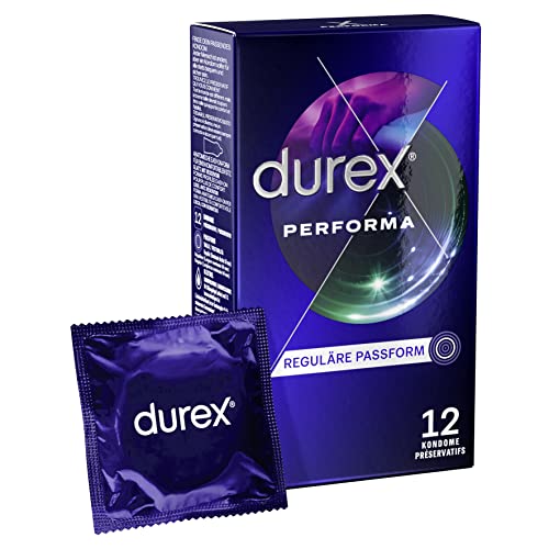 Durex Performa Kondome – mit 5 % benzocainhaltigem Gel & anatomische Easy-On-Form mit Reservoir für bequemen Sitz – 12er Pack (1 x 12 Stück)