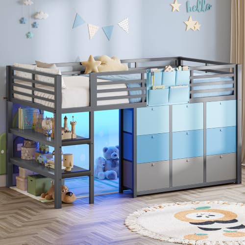 AOGLLATI Hochbett 90x200 mit LED, 9 Schubladen, Treppe als Ablagen nutzbar