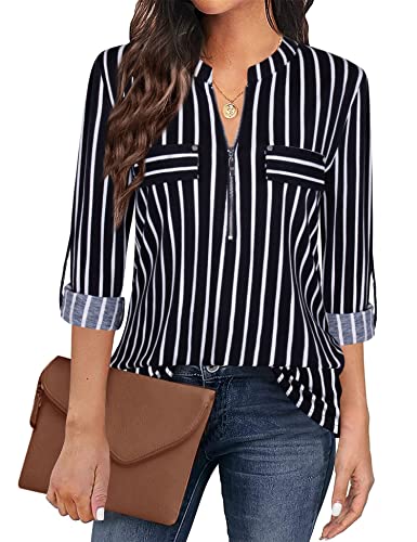 Siddhe Damen V-Ausschnitt Bluse Reißverschluss T-Shirt Oberteile 3/4 Ärmel Tunika Arbeit Hemd Longbluse A-Linie Tops Elegant Casual Business Shirt Langarmshirts Schwarz Gestreifte, XL