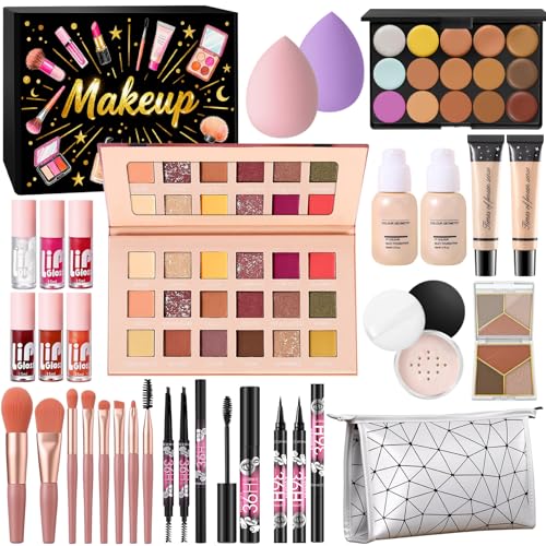 Make-up Sets, All in One Make Up Set, Schminke Set für Teenager, Mädchen und Frauen, Kosmetik Geschenkset mit Lidschatten Concealer Palette, Foundation, Lipgloss, Eyeliner, Mascara, Pinsel,Reisetasche
