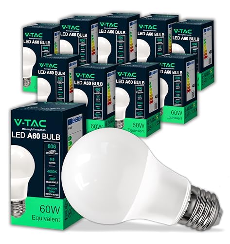 V-TAC 10x LED Glühbirne E27 8,5W (entspricht 60W) A60-806Lumen - LED Lampe 4000K Neutralweiß - LED Glühlampen - Energiesparlampe