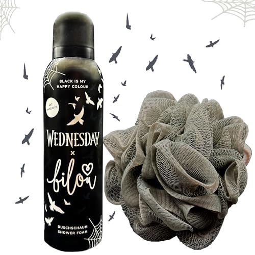 ZweiohrkerZen Dusch Set: 1x bilou Duschschaum 200ml WEDNESDAY - BLACK IS MY HAPPY COLOUR und 1x ZweiohrkerZen Duschknäul (Wednesday - Black is my Happy Colour)