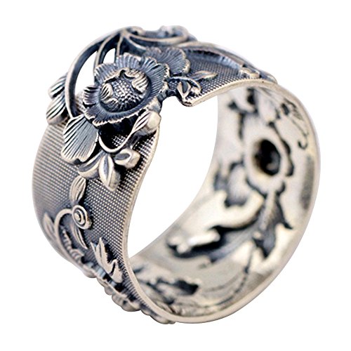 Damen Schwarz Breit 999 Sterling Silber Orientalische Pfingstrose Blume Ring 15mm Offen Verstellbar