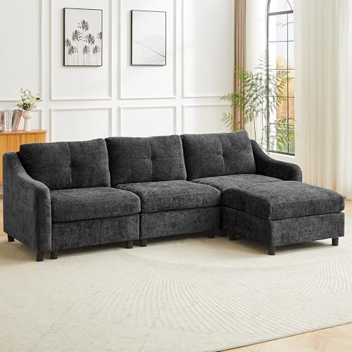 JIEXI Ecksofa Mit Schlaffunktion Kordsofa, L Form Couch, Ecksofa Eckcouch, Schlafsofa, 251cm (Grau 3 Sitze +1 Hocker)