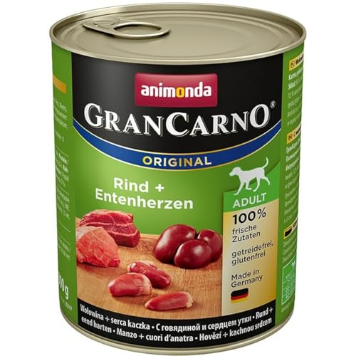 animonda GranCarno Hunde Nassfutter mit Rind + Entenherzen (6 x 800 g), getreidefreies Hundenassfutter ohne Zucker, für ausgewachsene Hunde, mit frischen fleischigen Zutaten