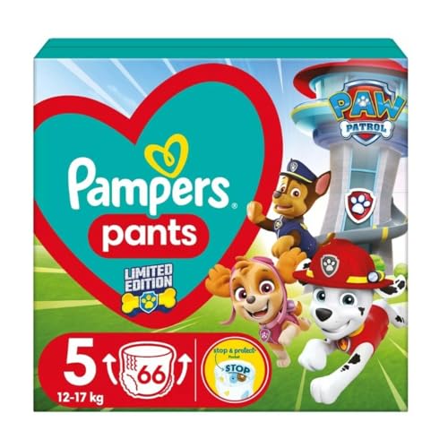 Pampers Pants Windel GröÃŸe 5 (12-17 kg), Hund Patrol Edition, 66 Stück, mit Stopp & Protect Anti-Leckage Back