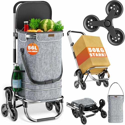 MONZANA® 3in1 Einkaufstrolley 56L bis 50 kg klappbar abnehmbare Tasche 6 Rollen Tragegurt Treppensteiger Einkaufswagen Einkaufshilfe Trolley Grau Meliert