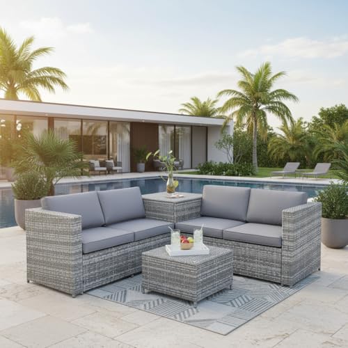 Mucola Polyrattan Lounge Set mit Kissenbox – Gartenlounge XXL, wetterfest & UV-beständig, inkl. Tisch mit ESG-Glasplatte, modulare Outdoor Sitzgruppe für Garten, Terrasse & Balkon, Grau
