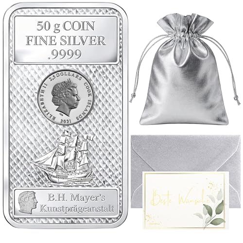 Goldschulz Cook Islands Silber Münzbarren Silberbarren 999,9 Feinsilber - Geschenkset + Echtheitszertifikat (50g Silber)
