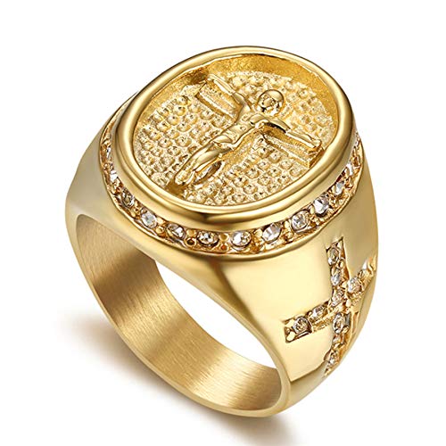 JewelryWe Schmuck Herren-Ring Christian Jesus Kreuz Kruzifix Siegelring Strass Edelstahl Retro Religiöser Ring Band mit Gravur Gold Size 9