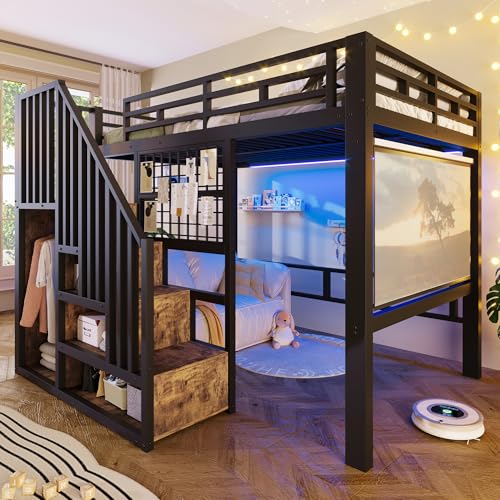 Merax Hochbett 140x200 cm mit Treppe und Stauraum, Metallbett Jugendbett mit LED-Beleuchtung, Gitterwand & Leinwand-Halterung, Platzsparendes Bettgestell (ohne Matratze & Leinwand), Schwarz