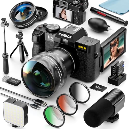 NBD 5K Digitalkamera 64MP, Autofokus, 16X Digitalzoom | 180° Klappdisplay, WLAN, Mikrofon, Stativ, Fülllicht, Weitwinkel/Makro, Filter, 2 Akkus, 64GB, Vlogging