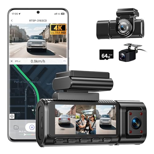 Dashcam Auto Vorne Hinten 4K+1080P mit GPS WiFi,3 Channel 1080P Dash Cam Auto Kamera 3,16