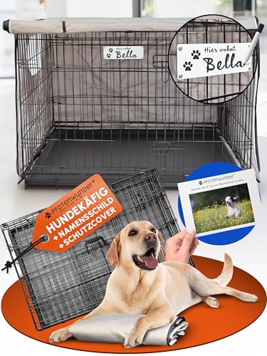 PFOTENWUNDER® Hundekäfig für zuhause, Gitterbox Hund in 3 Größen, 2 Türen + 1 Cover, 1 Trainingsbuch, Tiertransportbox Hundetransportkäfig klappbar, Hunde-Transport-Box Auto Drahtkäfig (107*71*77,5cm)